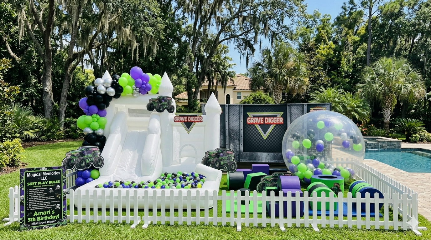 Bubble globe with green and blue balloon arrangement outdoors