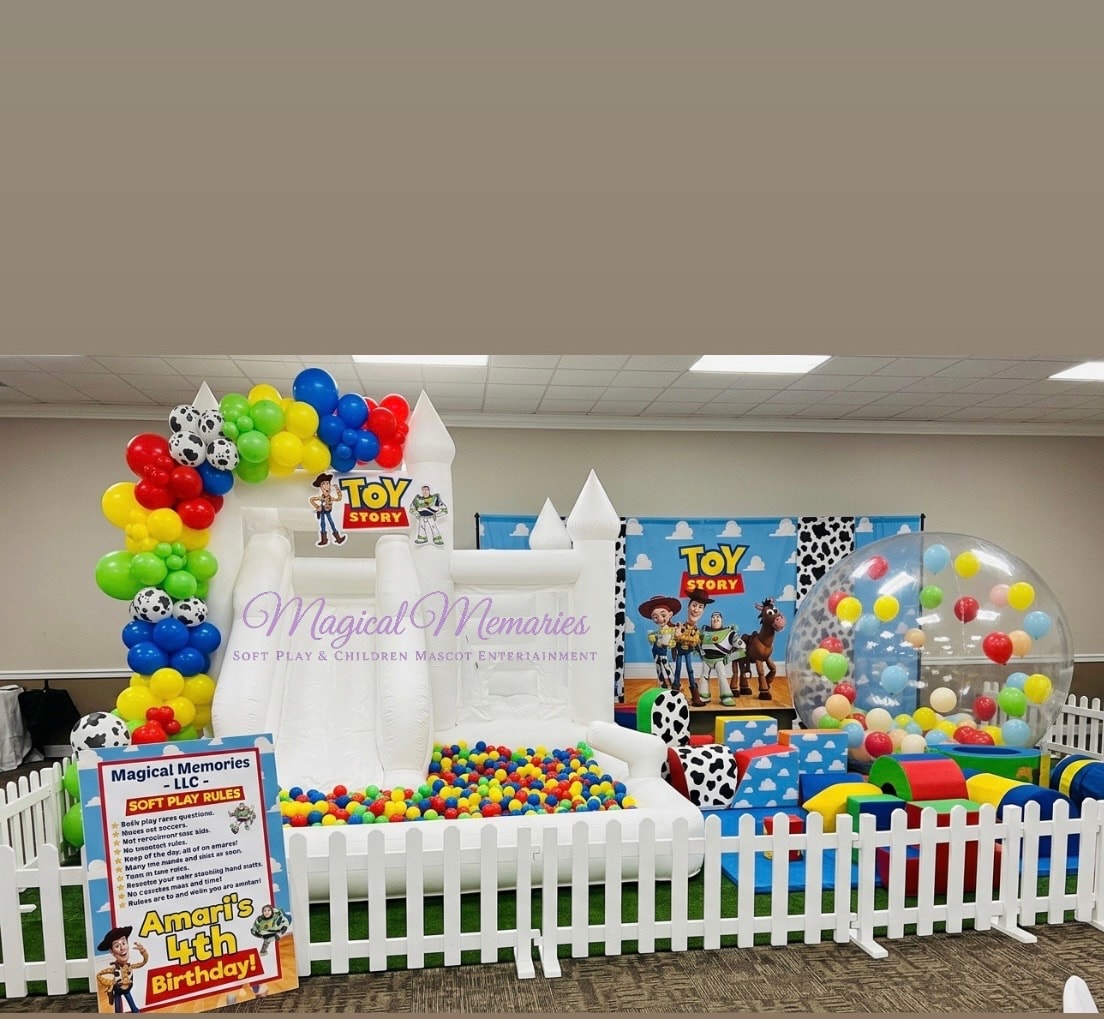 Grave Digger themed poolside castle, bubble globe and soft play shapes