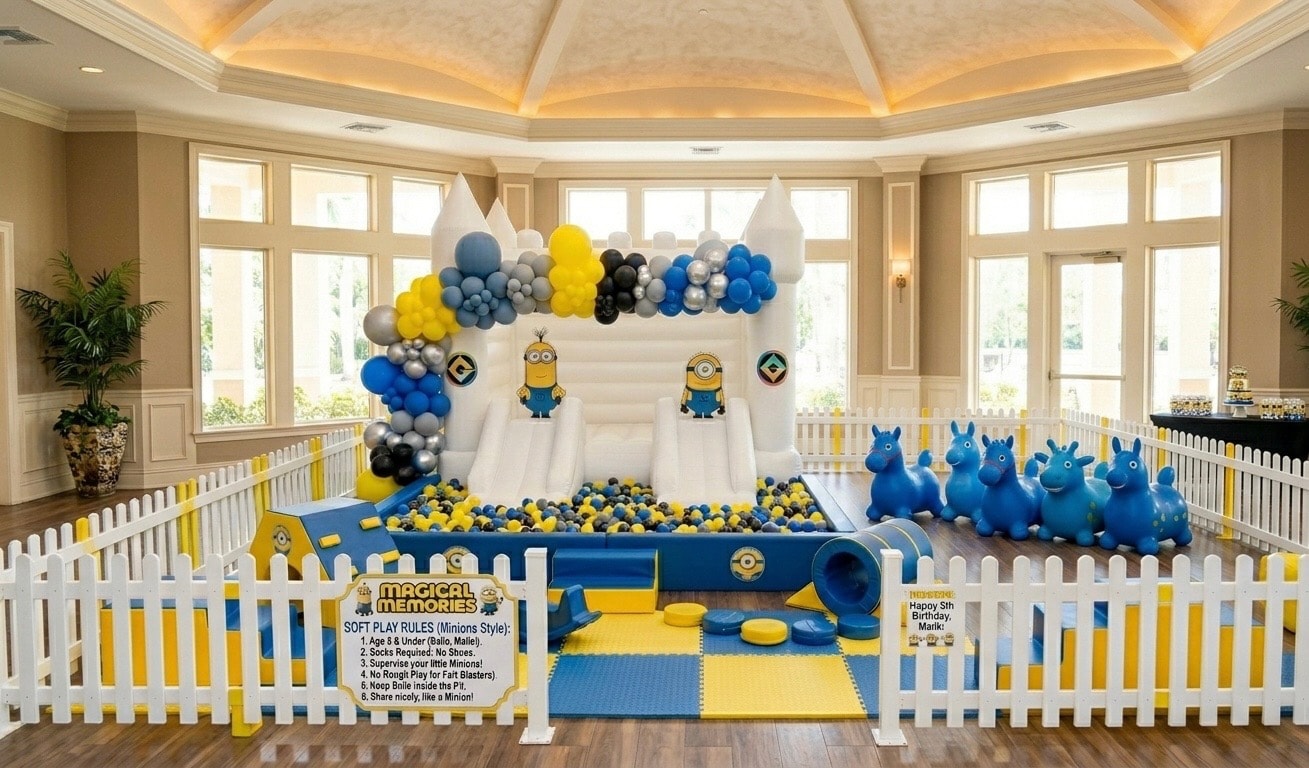 Toy Story themed indoor castle, ball pit and bubble globe setup